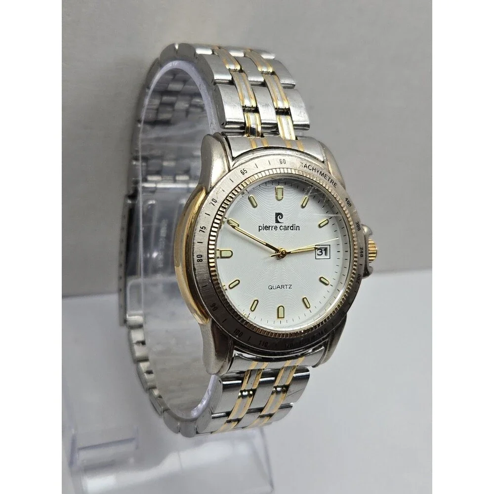 Pierre Cardin Mens Tachymeter Date 41mm Watch Two Tone Silver Gold New Battery